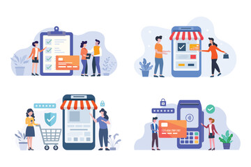 An illustration depicting various stages of online shopping, from checking out to secure payment processing.