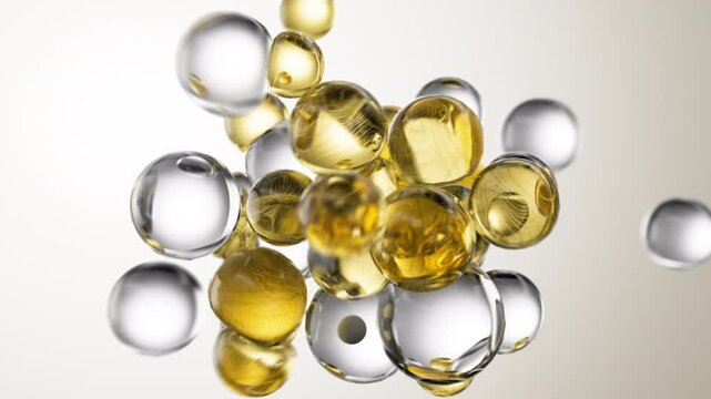 Gold cosmetic serum with liquid bubbles in a 3D abstract background. Hydrating essence gel enriched with collagen molecules. Moisturizing cream or oil for advanced skincare, beauty, and skin health.