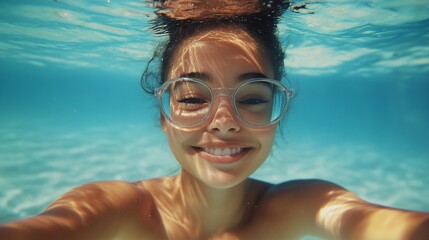 Naklejka premium Underwater selfie of smiling woman with clear glasses in a blue pool.