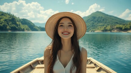 Happy woman in a straw hat sitting in a boat on a lake.