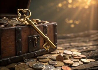 A Golden Key on a Treasure Chest Overflowing with Shiny Coins, Symbolizing Wealth and Discovery in a Warmly Lit Scene of Abundance and Adventure