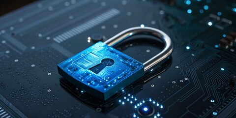 Fototapeta premium A glowing blue padlock encircled by a metal ring, set against a detailed circuit board background, symbolizing cybersecurity, digital safety, and technology innovation.