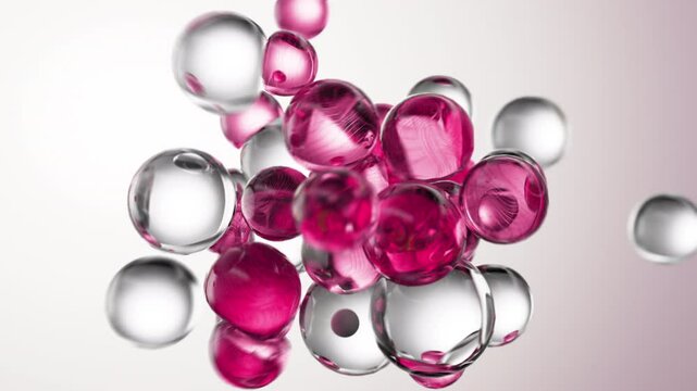 Pink serum with liquid bubbles in a 3D abstract background. Hydrating essence gel with collagen molecules. Moisturizing cream or oil for skincare and beauty.