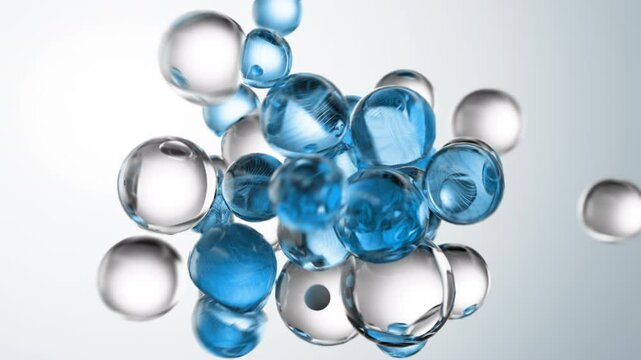 Blue cosmetic serum with liquid bubbles in a 3D abstract background. Hydrating essence gel enriched with collagen molecules. Moisturizing cream or oil for advanced skincare, beauty, and skin health.