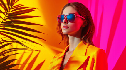 A woman in shades of bright neon pink, styled in a fashion retro funk style, captured in a vibrant and bold presentation slide design, perfect for modern, trendy projects