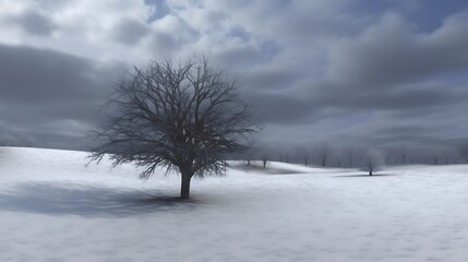 Fototapeta premium A solitary, bare-branched tree stands tall in a snow-covered field under a cloudy sky.