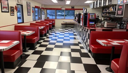 A retro diner with red booths and a classic black-and-white tile floor, featuring a cozy atmosphere and nostalgic decor.