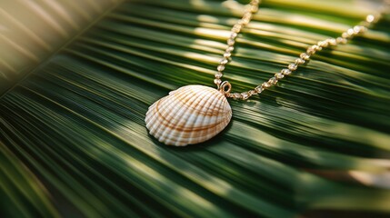 Fototapeta premium Shell necklace resting on a palm leaf, showcasing the tropical and natural appeal of the beach-inspired jewelry