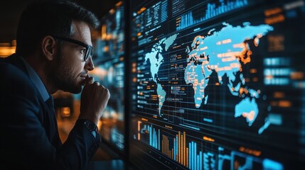 Man Analyzing Global Data on a Large Screen