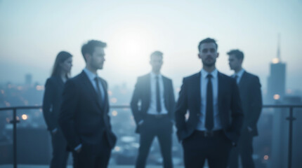 Fototapeta premium Silhouettes of people against the backdrop of a big city, business meeting, blurred image