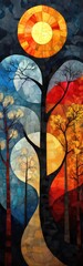 Abstract art depicting a tree with a large sun and moon in the background.