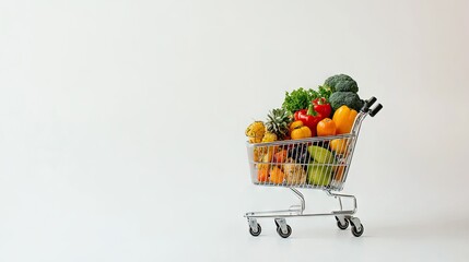 Shopping cart filled to the brim with fresh produce, snacks, and daily essentials, isolated on a bright white background.