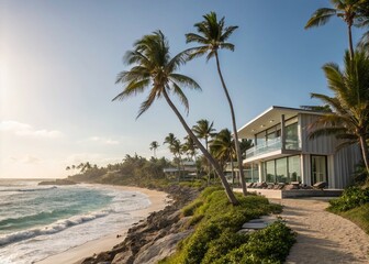 Architectural Photography of a Tropical Summer Beach Background Featuring Modern Structures, Lush Palm Trees, and a Tranquil Ocean View for Vacation and Relaxation Imagery