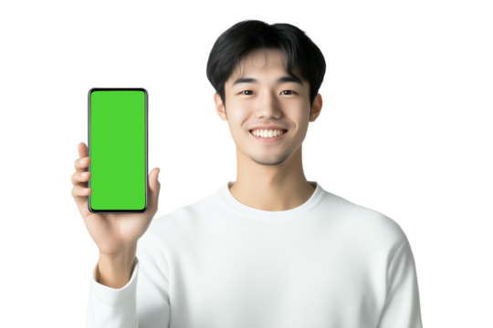 Smiling young Asian man holding and showing a blank mobile phone screen in front on a transparent background. Ideal for mockups