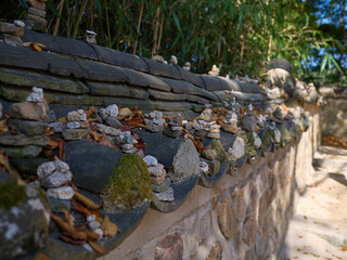 Pebbles piled up on the traditional wall of Bulguksa Temple in Gyeongju, Korea