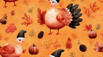 Playful Thanksgiving pattern featuring cartoon turkeys in pilgrim hats, surrounded by pumpkins, acorns, and fall foliage, in a whimsical repeat on rustic orange.