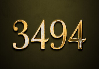 Old gold effect of 3494 number with 3D glossy style Mockup.