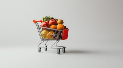 Shopping cart packed with an array of groceries, including fruits and pantry staples, isolated on white.