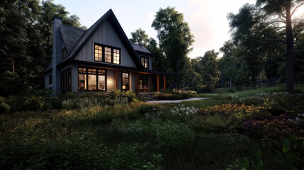 Fototapeta premium Charming modern country house with a steep roof surrounded by lush green forest and a colorful flower garden, featuring large windows and a cozy outdoor patio space.