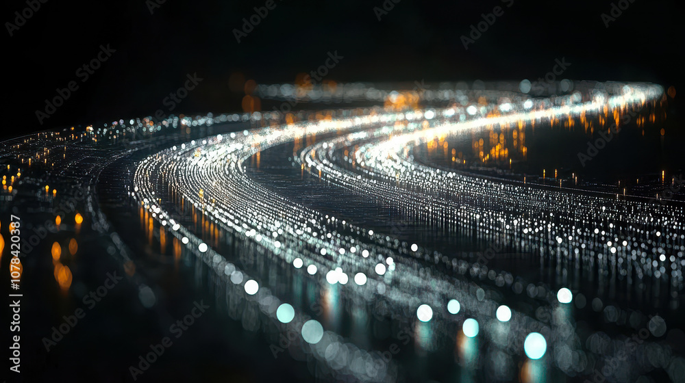 Poster illuminated digital road with binary code matrix on black background