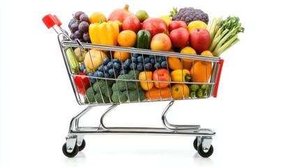 Shopping cart with colorful fruits, veggies, and grocery staples, isolated on a pure white background.
