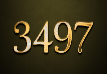 Old gold effect of 3497 number with 3D glossy style Mockup.