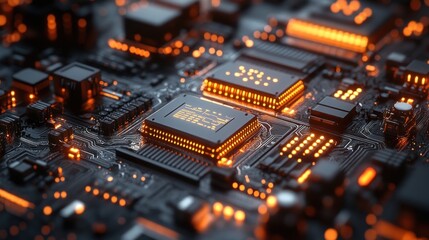 Fototapeta premium Close-up of a circuit board with glowing components.