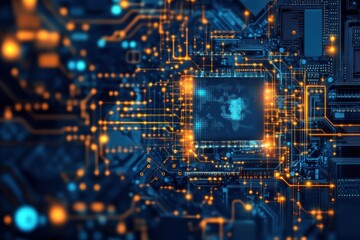 Close-up of a circuit board with glowing connections and a world map design