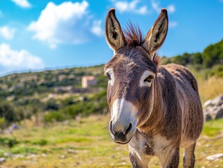 Solo donkey standing in a field with green grass and shrubbery.