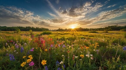 vibrant wildflower field under a broad, colorful sky. A warm sunrise casts golden light over the meadow, enhancing the hues of the flowers and the greenery.