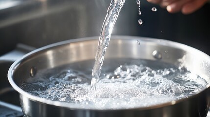 Water is being poured into a pan on the stove, preparing to cook pasta for a delicious meal