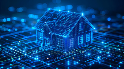 House with futuristic network connection technology big data. Blue neon background