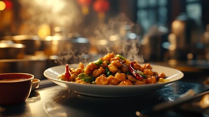 Close up of chinese food served on table. chinese food. Ultra realistic. Photorealistic hypermaximalist advertising photography hyper realistic fine detail