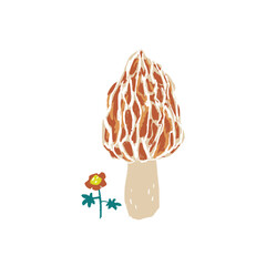 Colorful illustration of a morel mushroom with intricate patterns, set alongside small wildflowers. Forest-inspired prints, wall art, or nature-themed products design.