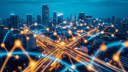 Fototapeta premium Futuristic urban skyline with light trails and glowing nodes, vibrant digital connections