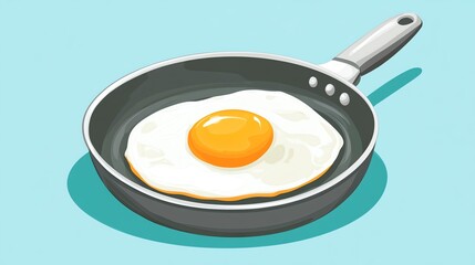 A cartoon fried egg in a black frying pan.