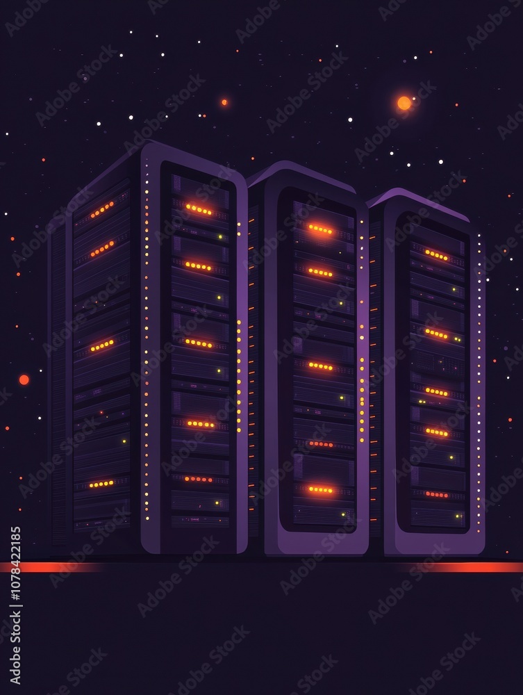 Aufkleber Blinking indicators on servers illuminate a dark background, showcasing activity in a high-tech data center environment at night. Generative AI