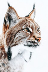 Obraz premium Portrait of a snow-dusted lynx in winter. The lynx is looking towards the camera, showcasing its intense gaze and powerful presence amidst the serene snow-covered environment.
