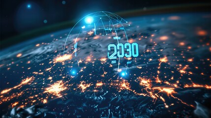 2030 vision concept. with text "2030", Blue black ground. Concept for Technology vision in year 2030. circle global network with connection network with copy space.