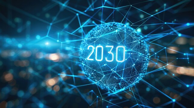 2030 vision concept. with text "2030", Blue black ground. Concept for Technology vision in year 2030. circle global network with connection network with copy space.