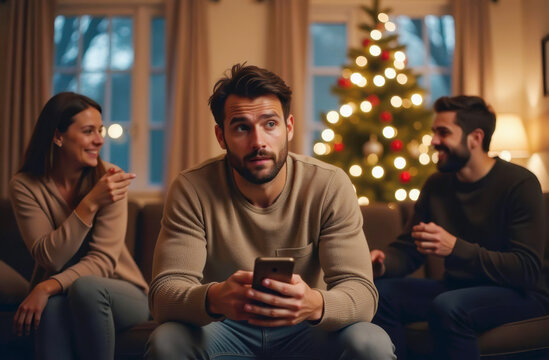 Thoughtful sad man holding phone during holiday gathering in cozy living room with smiling friends