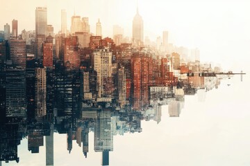 Fototapeta premium Reflective skyline of New York City at dusk over the calm waters of the river