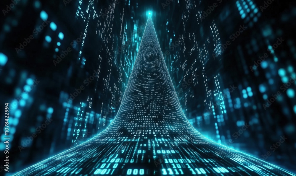 Poster digital data tunnel with binary code, glowing blue lights, futuristic design