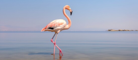 Obraz premium Pink flamingo standing in shallow water with blue sky in the background.