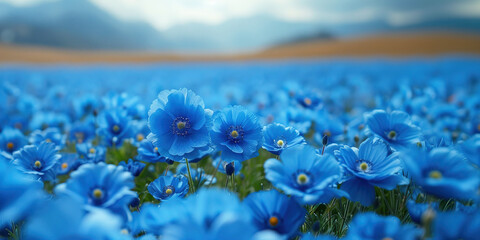 Vibrant cornflower field blooming under a cloudy sky in springtime with lush greenery surrounding. Header banner mockup with copy space.