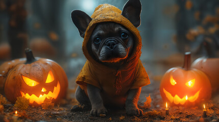 A Playful French Bulldog in a Spooky Halloween Costume Surrounded by Pumpkins and Autumn Leaves