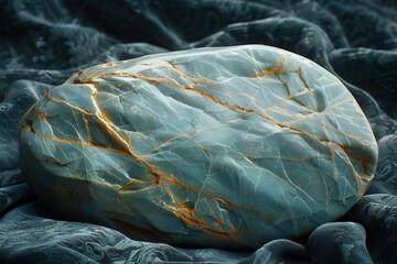 Naklejka premium Detailed view of grandidierite stone resting on luxurious black velvet fabric in low light