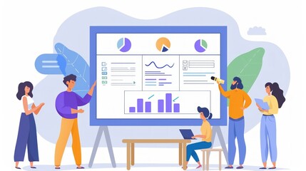 A diverse team of four people, three women and one man, collaborates and presents data from a large white board with graphs and charts.  They're discussing information about a company or organization.