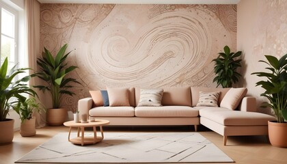 Scandinavian living room interior design zoom background,Doodle Galaxy patterned wallpaper graphics