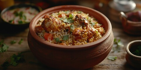 Flavorful Indian rice with chicken in a spiced sauce, served in a traditional clay pot.